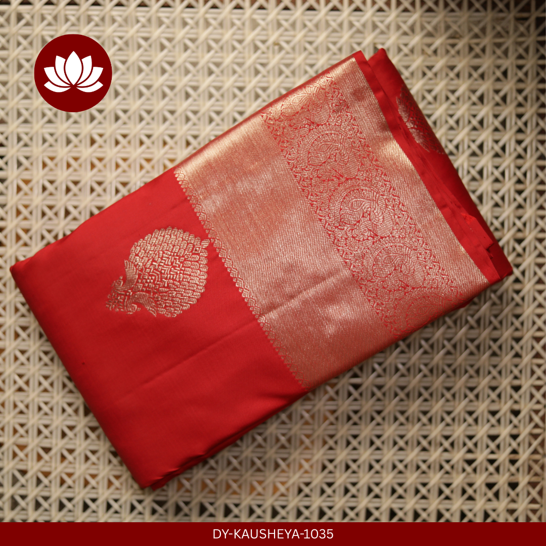  Full Red Pure Silk Saree with a Silver-Gold Border