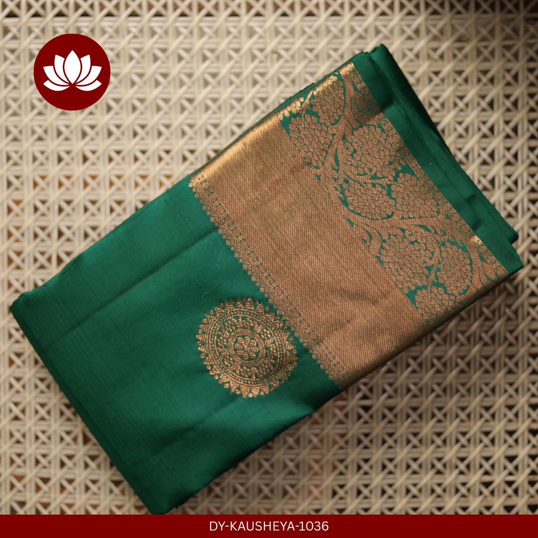  Full Dark Green Pure Silk Saree with a Dark Gold Border