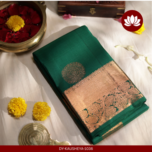 Lalitha Series: Full Dark Green Pure Silk Saree with a Dark Gold Border