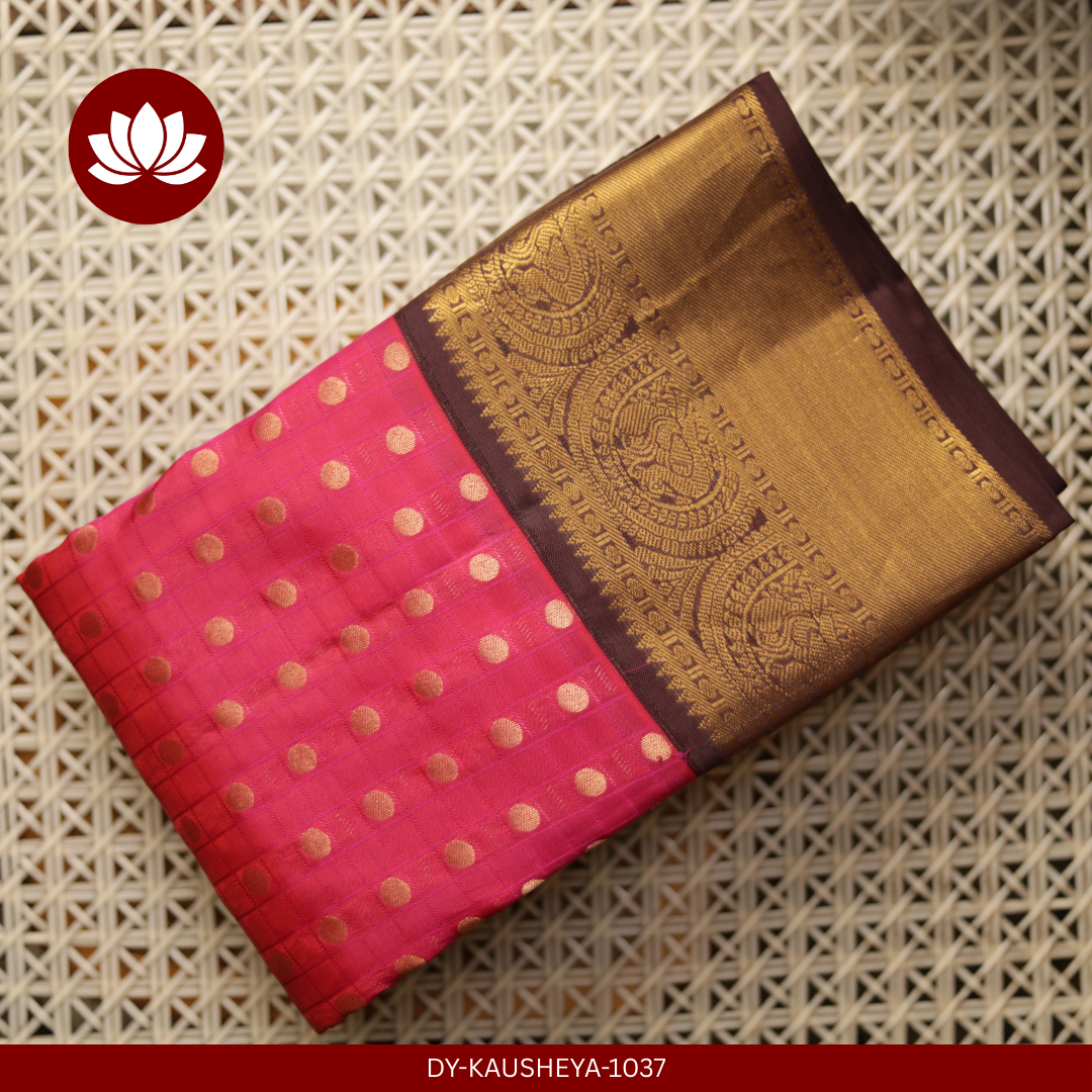  Pink Pure Silk Saree with Brown Border