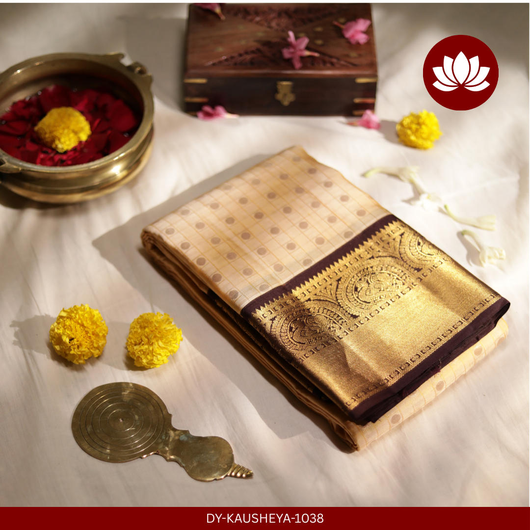 Rekha Series: Cream Pure Silk Saree with Brown Border