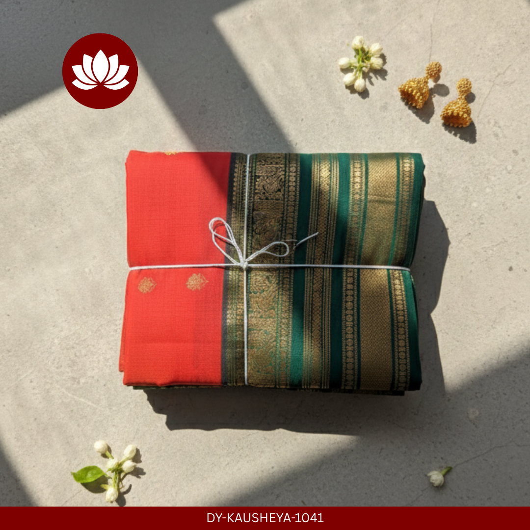 Parampara Series:  Crimson Red/Orange  Kanchipuram Pure Silk Saree with Green Vintage Border.