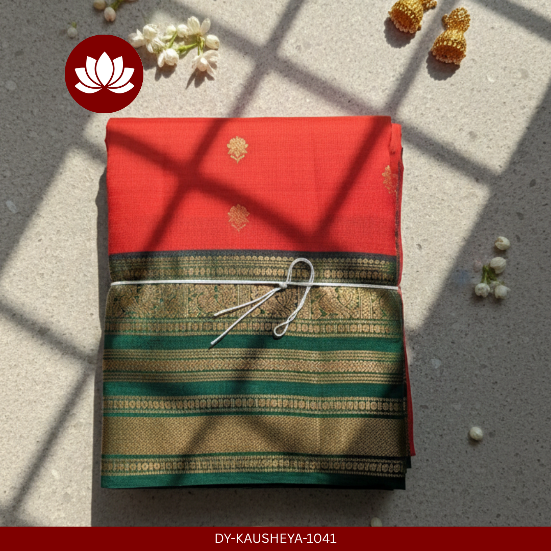 Parampara Series:  Crimson Red/Orange  Kanchipuram Pure Silk Saree with Green Vintage Border.