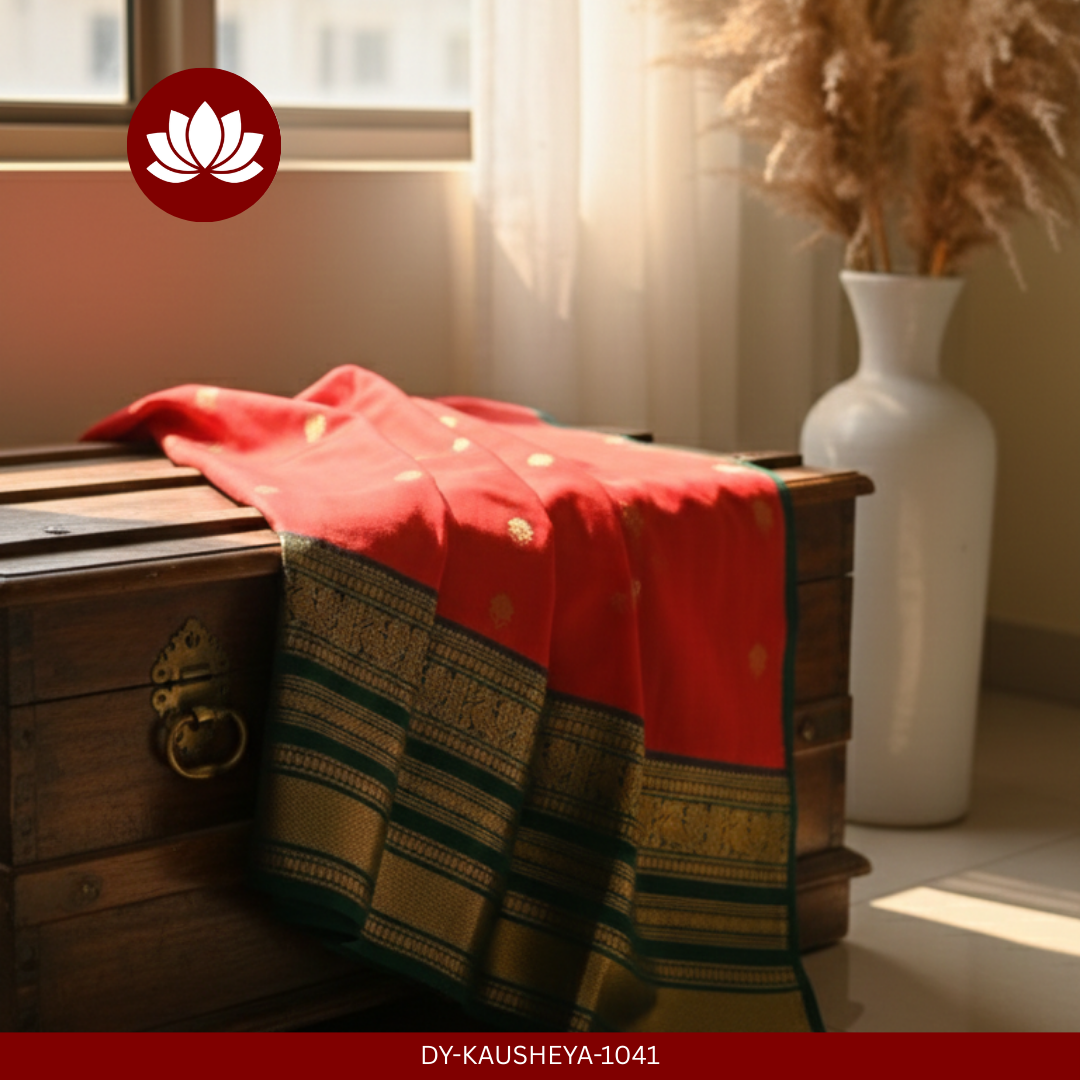 Parampara Series:  Crimson Red/Orange  Kanchipuram Pure Silk Saree with Green Vintage Border.