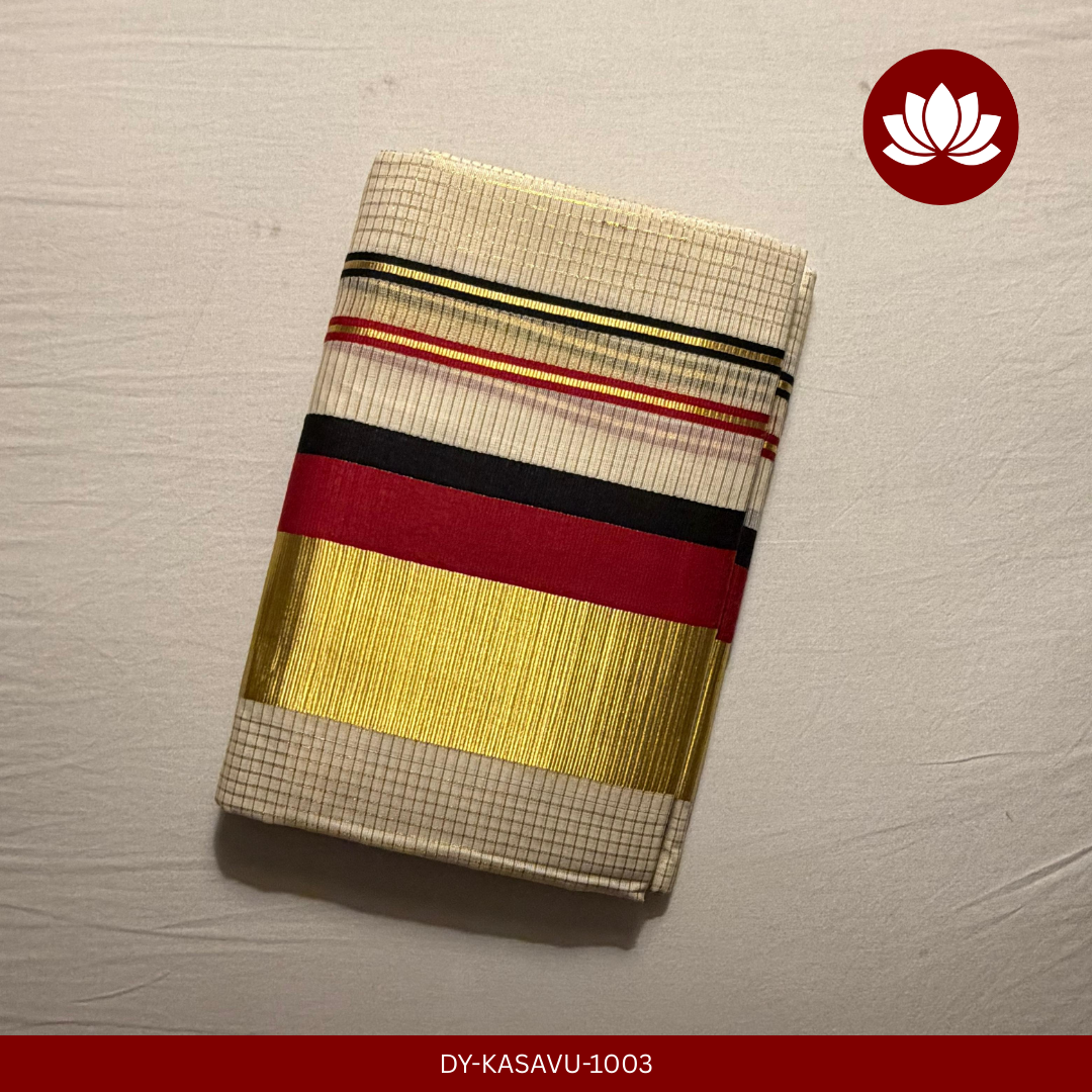 Kasavu Series: Micro Check Reddish Maroon and Black Kara with Golden Kasavu Set Mund Single 2.8m