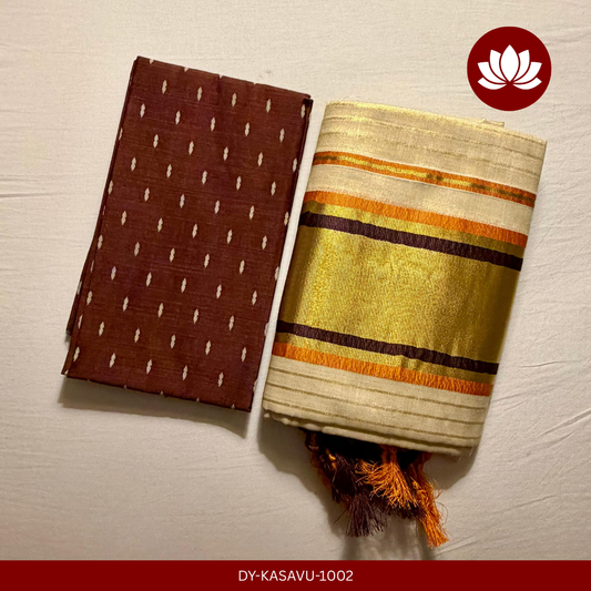 Kasavu Series: Tissue Fancy Line Set Mund with Tussels Orange and Brown Single 2.8m with Brown Blouse Piece of 1m