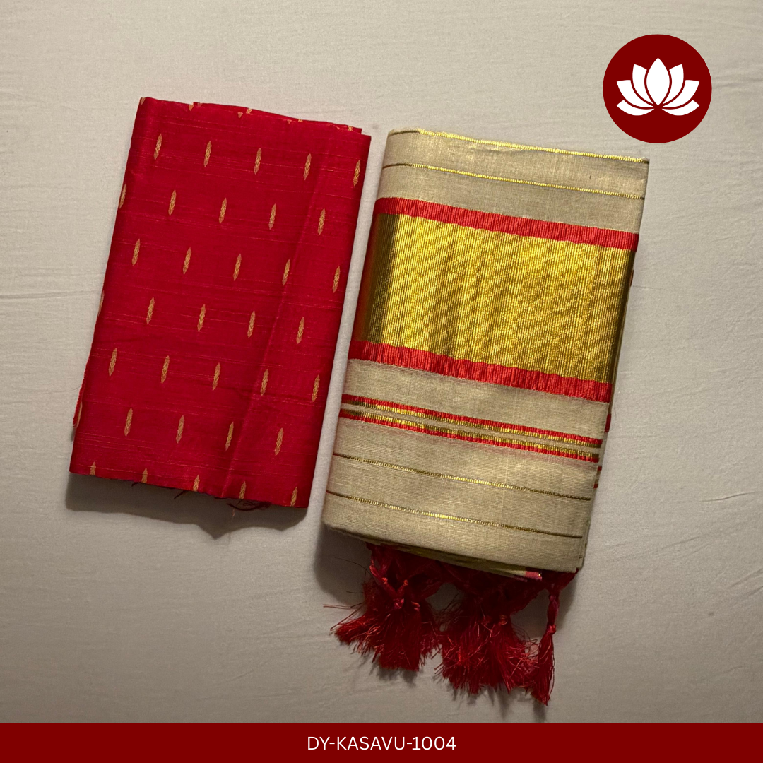 Kasavu Series: Tissue Red and Golden Kara Set Mund Extra Length of 2.8m with Matching Red Blouse Piece of 1m