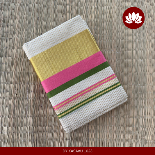 Kasavu Series: Checked  Set Mund Light Pink and Green with Kasavu Border 2.8m