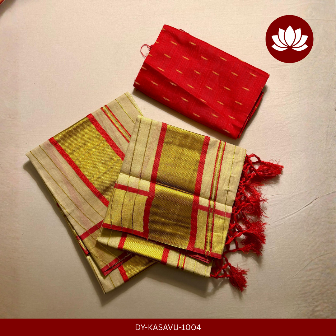 Kasavu Series: Tissue Red and Golden Kara Set Mund Extra Length of 2.8m with Matching Red Blouse Piece of 1m