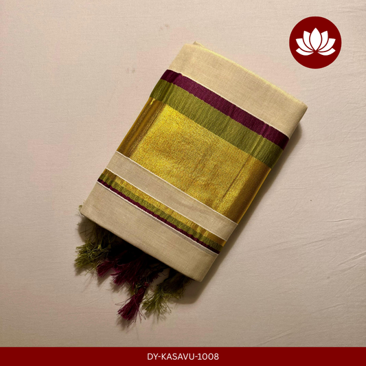 Kasavu Series:Green and Violet and Golden Broad Kasavu Set Mund, Single, 2.8mt