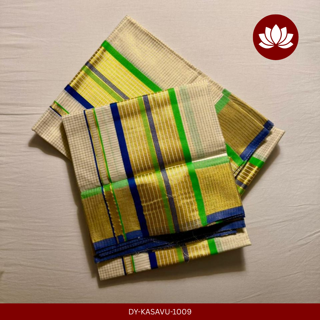 Kasavu Series:Micro check Set Mund Green and Blue Kara,Single,2.8m