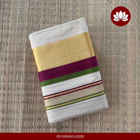 Kasavu Series:Checked  Set Mund Violet and Green with Kasavu Border 2.8m