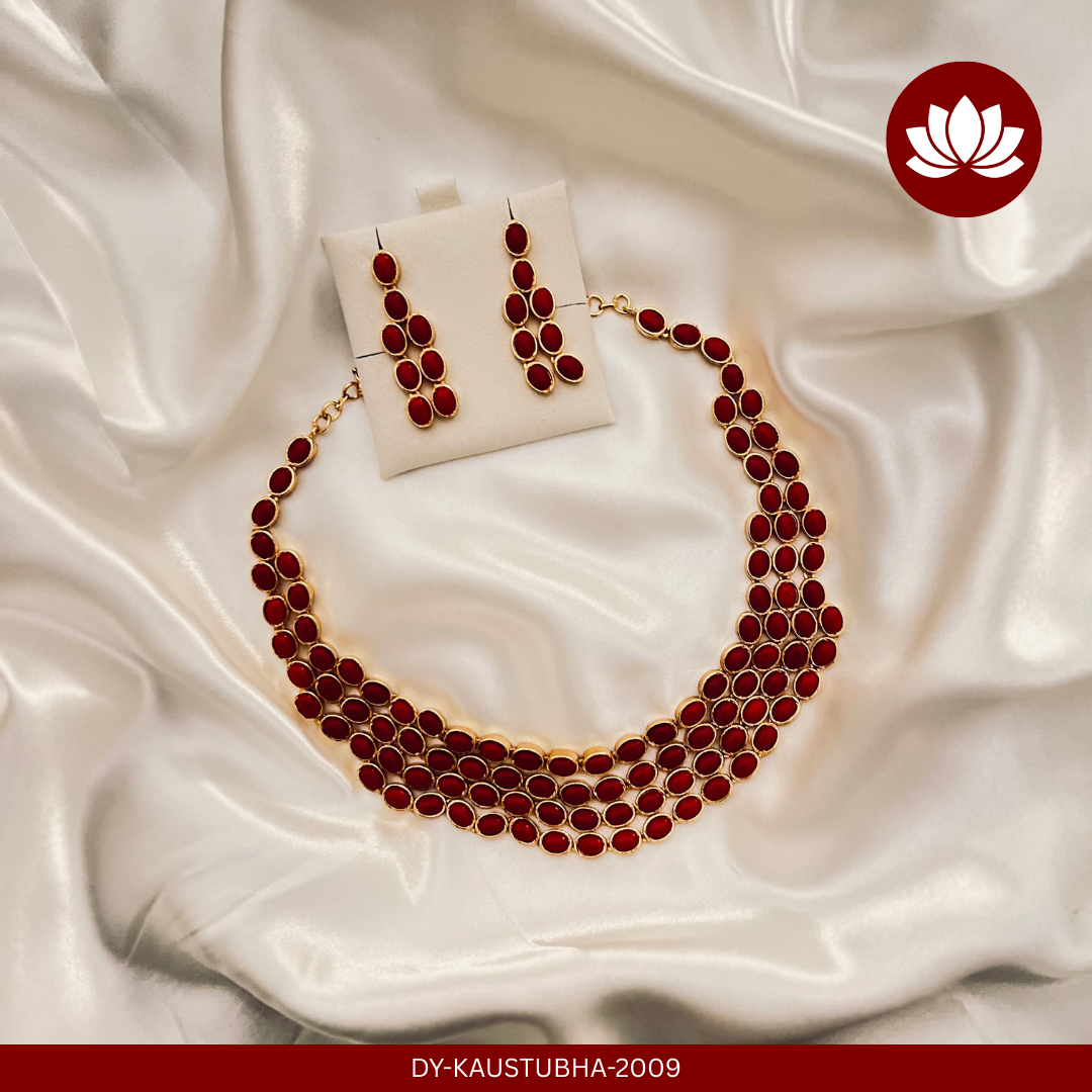 Aadhunika Series: Red 4 Layer Necklace and Earring Set