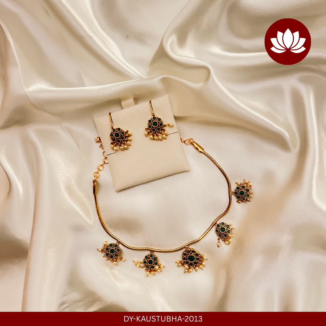 Parampara Series: Emerald Attigai Traditional South Indian Necklace and Earring Set