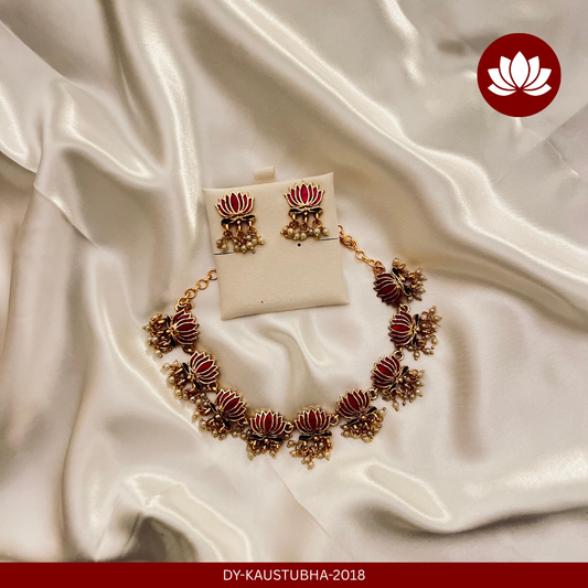 Tamara Series: Pink Lotus Enamel with Pearl Hangings Necklace and Earring Set