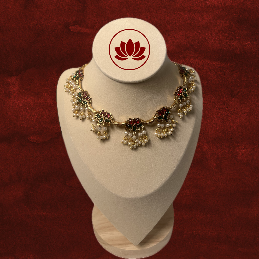 Tamara Series: Pink Lotus & Green Leaf Enamel with Pearl Hangings Necklace and Earring Set