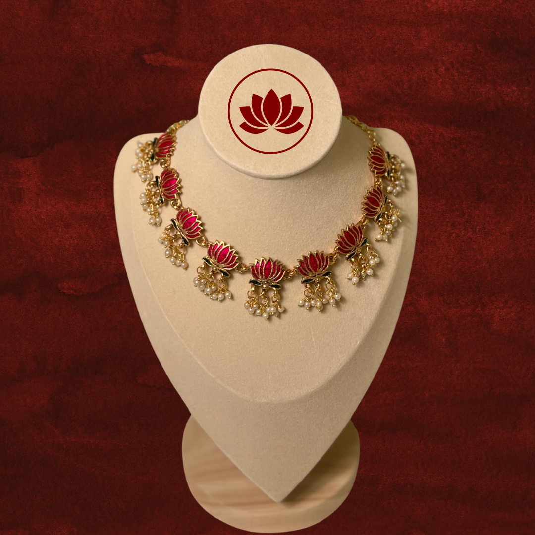 Tamara Series: Pink Lotus Enamel with Pearl Hangings Necklace and Earring Set