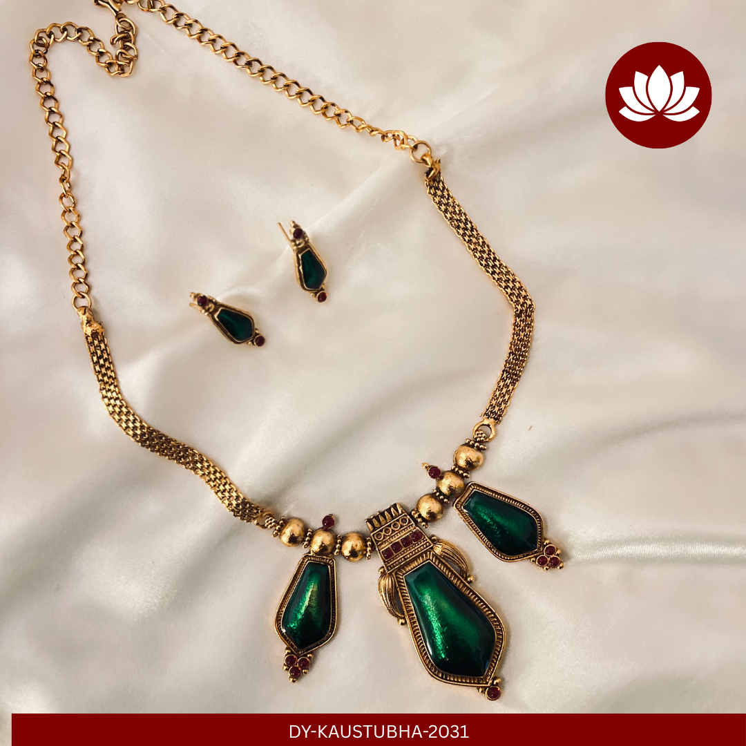 Parampara Series: Traditional Green Palakka Chain Necklace and Earring Set