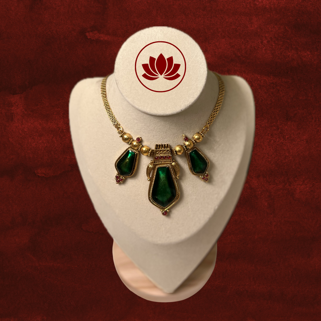Parampara Series: Traditional Green Palakka Chain Necklace and Earring Set