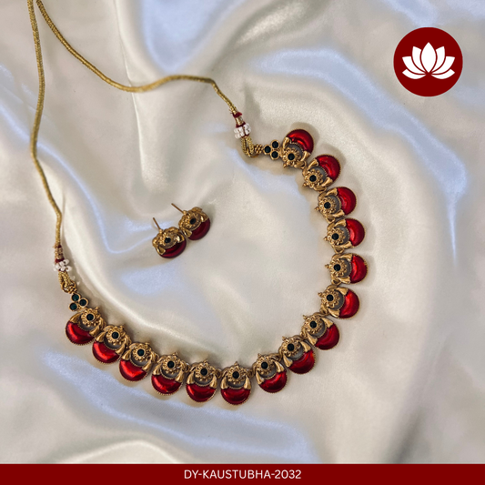 Chandra Series: Traditional Rubel Enamel Palakka Moon Necklace and Earring Set