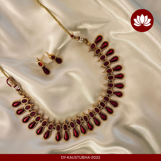 Parampara Series: Traditional Ruby Palakka Chain Necklace and Earring Set