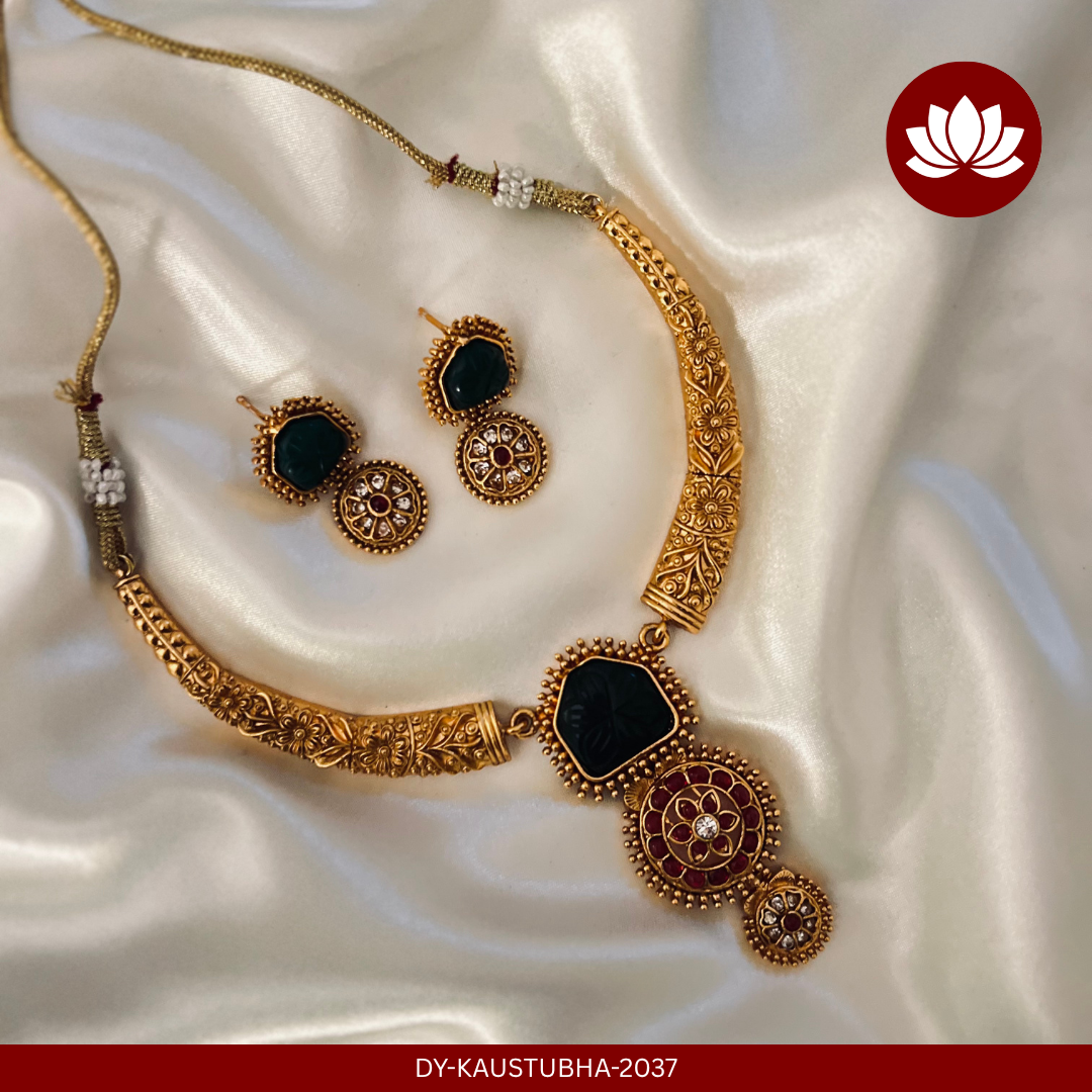 Parampara Series: Green and Ruby Stone Necklace and Earring Set