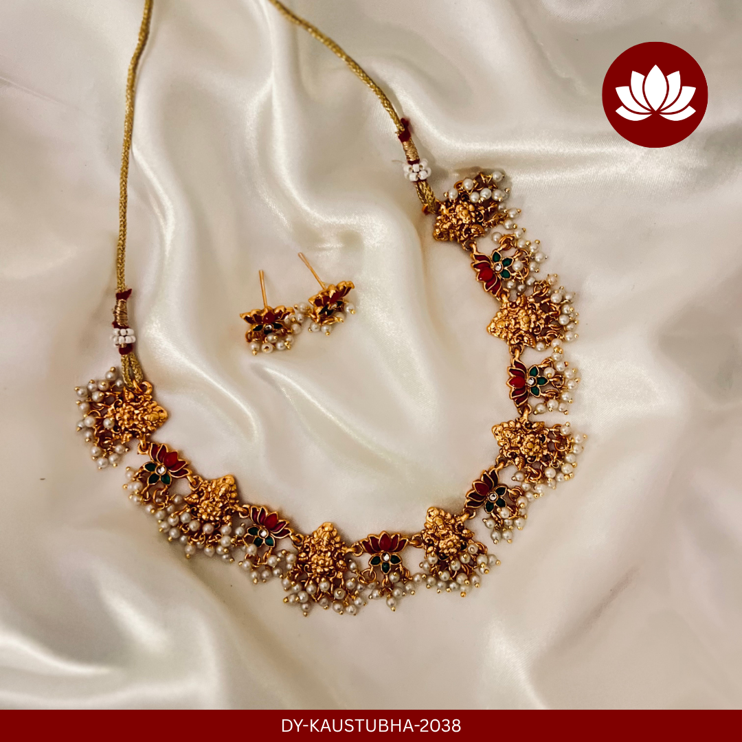 Tamara Series: Lakshmi and Lotus with Pearl Hangings Necklace and Earring Set