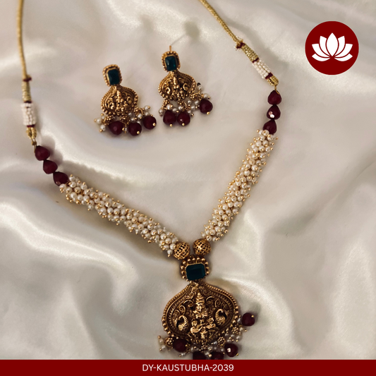 Parampara Series: Pearl Cluster and Lakshmi Chain and Earring Set