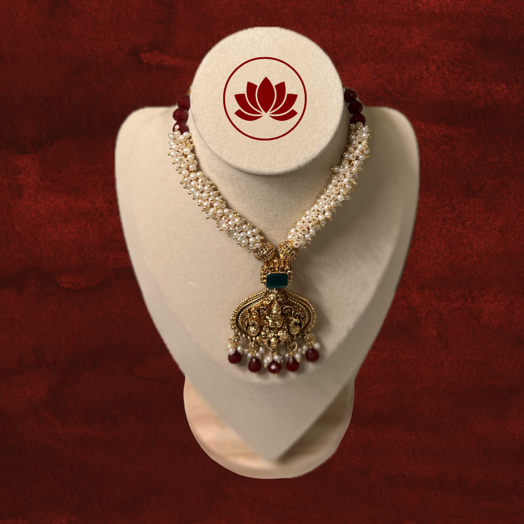 Parampara Series: Pearl Cluster and Lakshmi Chain and Earring Set