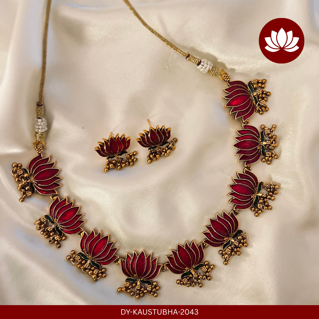 Tamara Series: Lotus with Golden Hangings Necklace and Earring Set