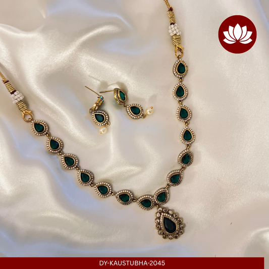 Soundarya Series: Elegant Green Stone Necklace and Earring Set