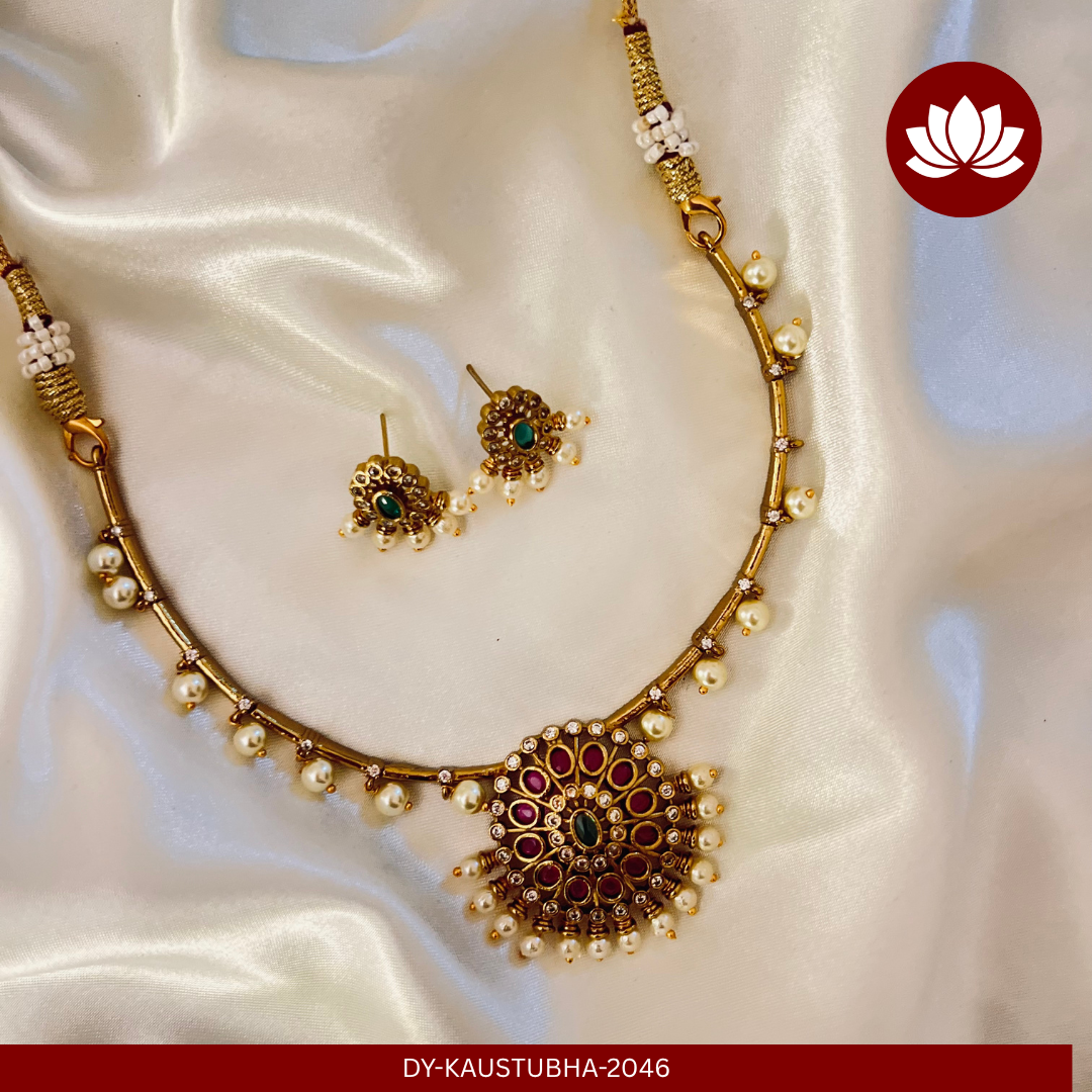 Soundarya Series: Kemp with Pearl Hanging Necklace and Earring Set