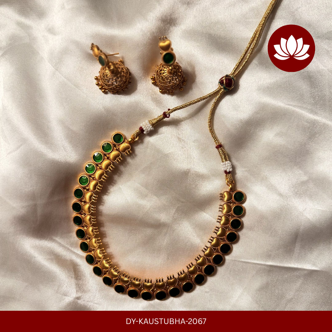 Parampara Series: Traditional Kerala Style Matte Finish Round Green Necklace with Matching Jumka
