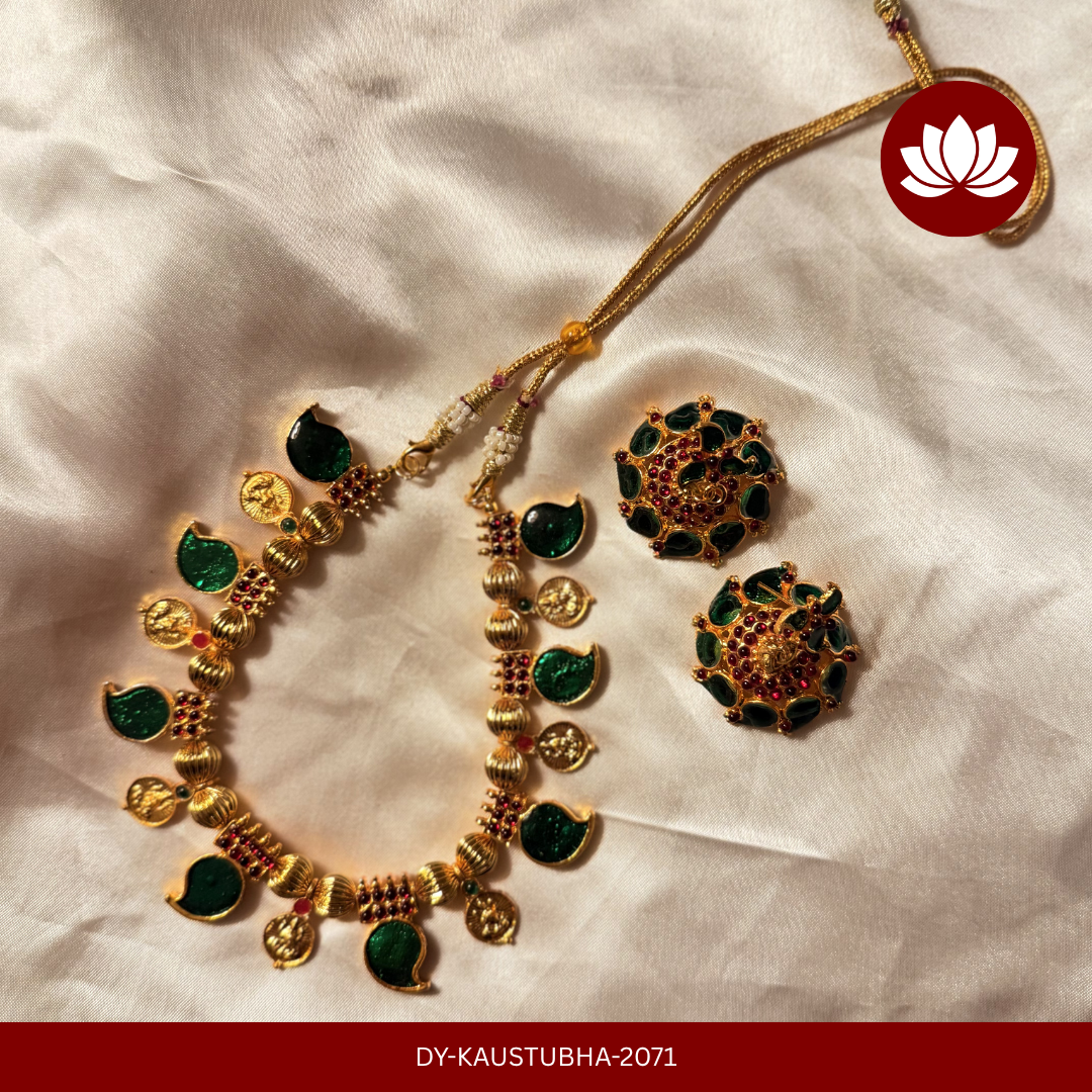 Parampara Series: Gold Tone Handmade Palakka Necklace with Matching Jumka