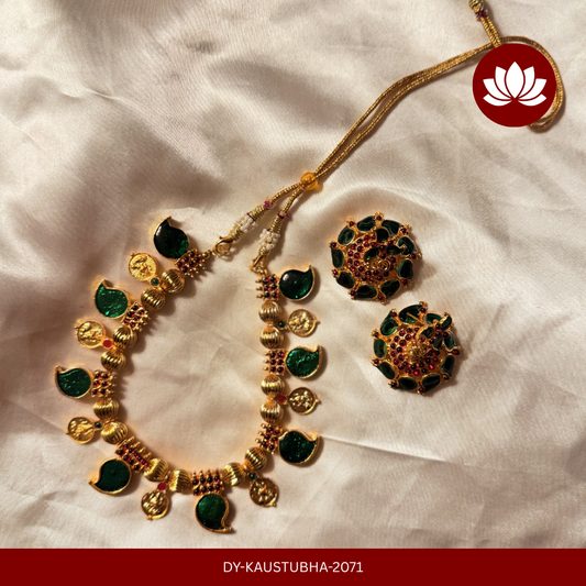 Parampara Series: Gold Tone Handmade Palakka Necklace with Matching Jumka