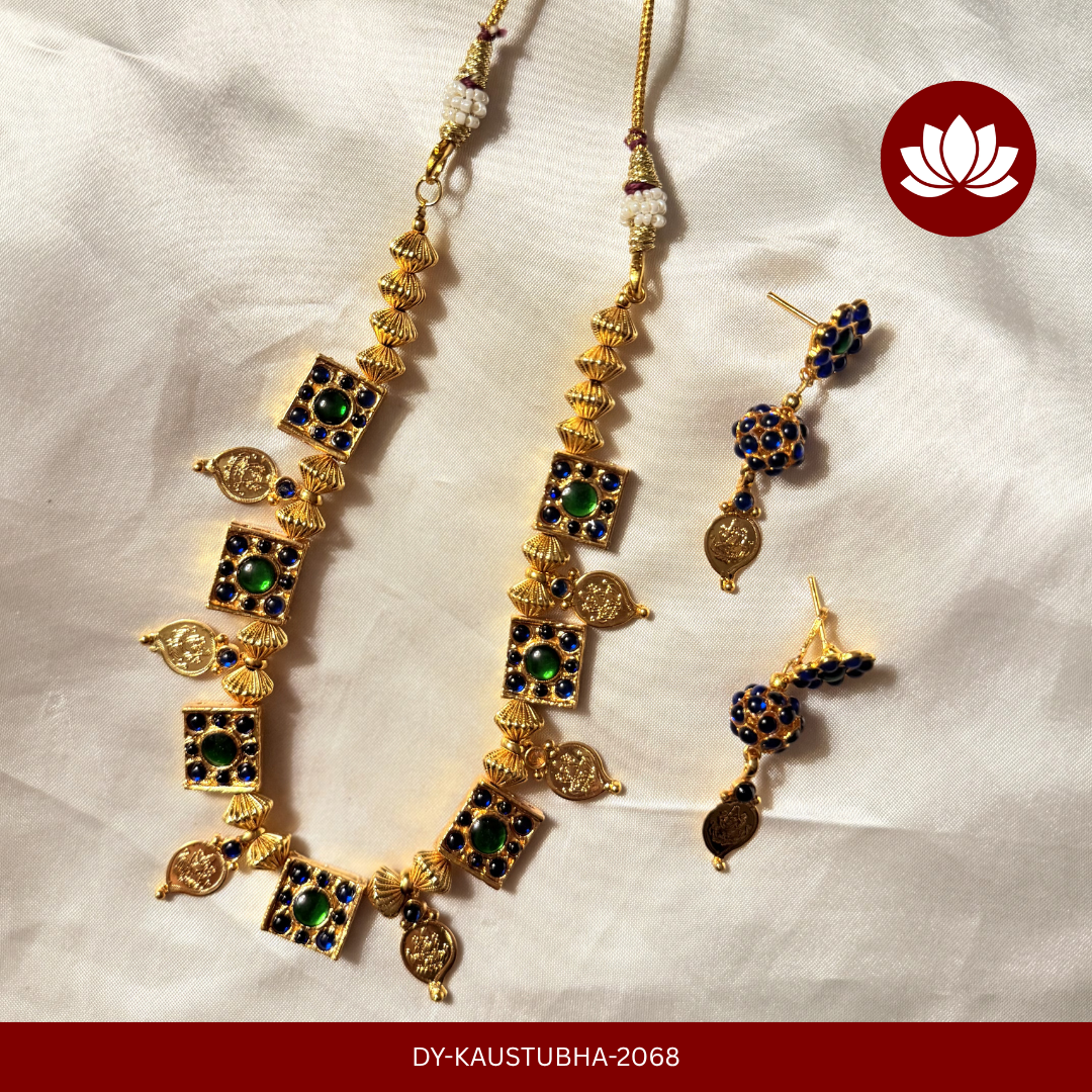 Parmpara Series: Gold Tone Green and Blue Kemp Stone with Lakshmi Mango Necklace with Matching Earrings