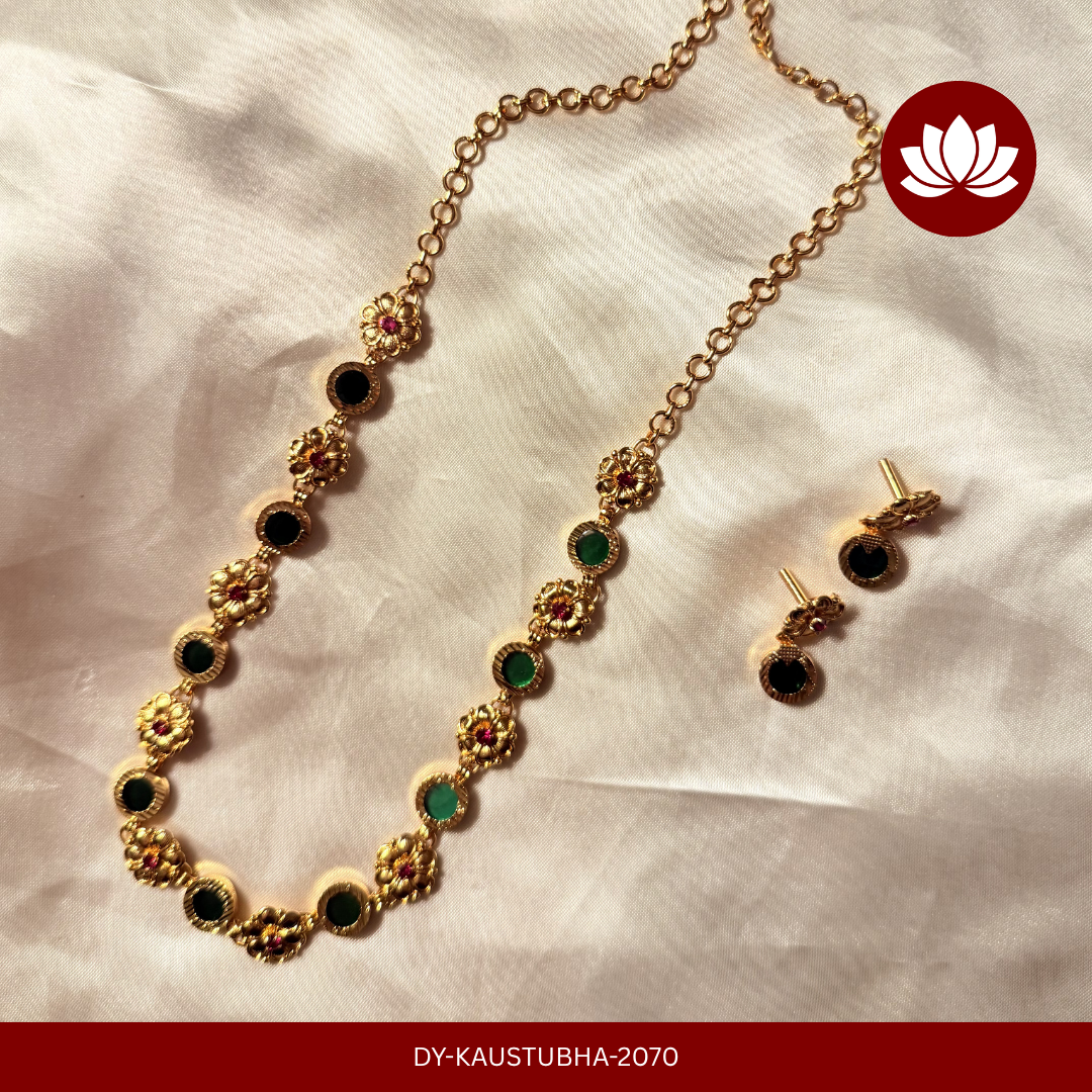 Parmpara Series: Gold Tone Kerala Style Green and Flower Designer Necklace Set with Matching Earrings.