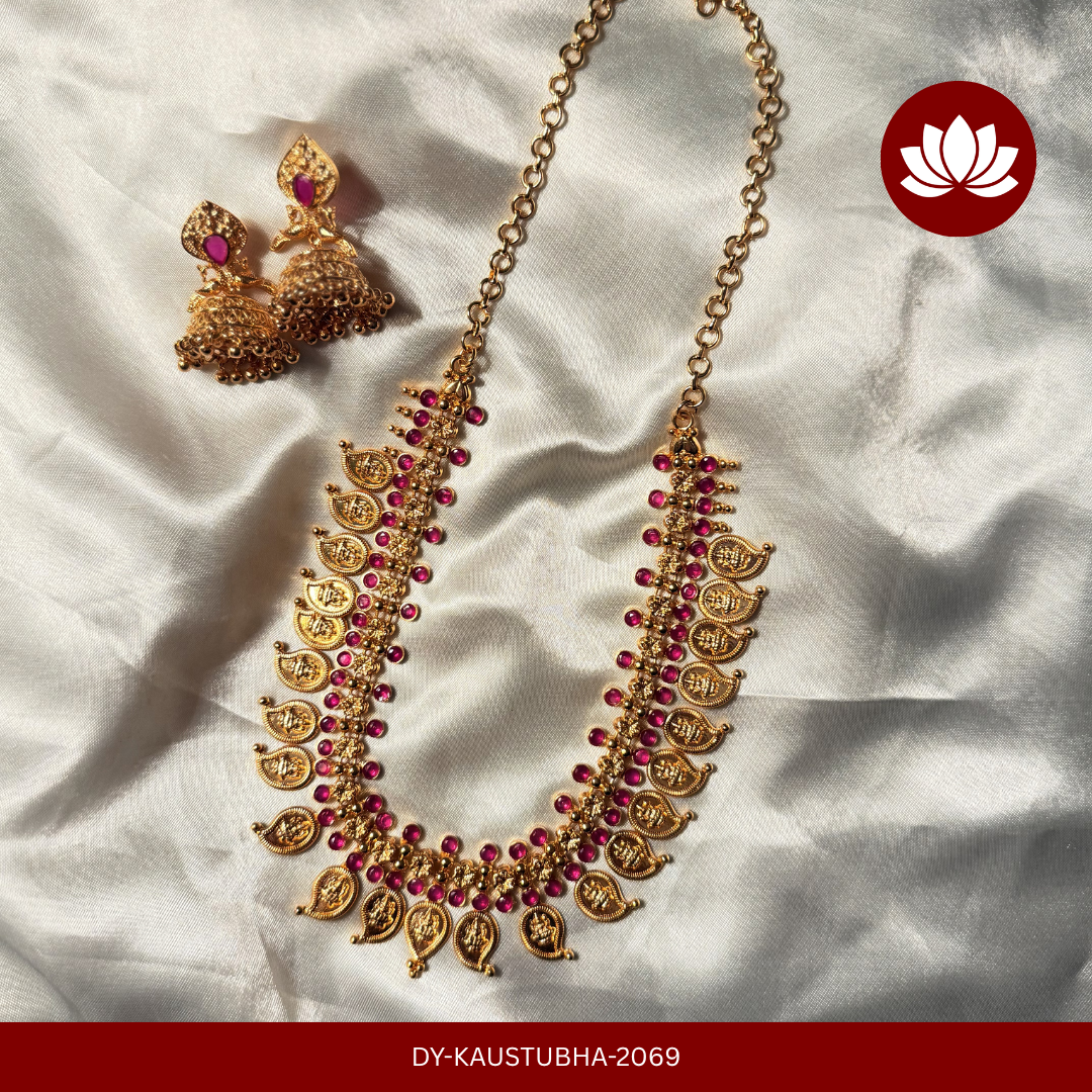 Parmpara Series: Gold Tone Light Ruby Lakshmi Mango Necklace and Earring Set