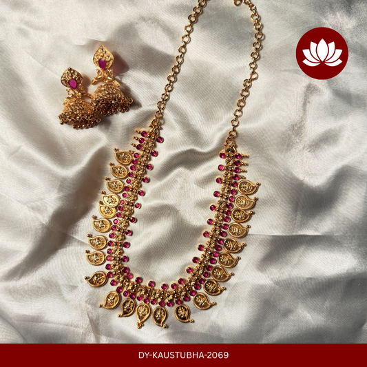 Parmpara Series: Gold Tone Light Ruby Lakshmi Mango Necklace and Earring Set