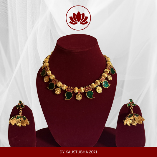 Parampara Series: Gold Tone Handmade Palakka Necklace with Matching Jumka