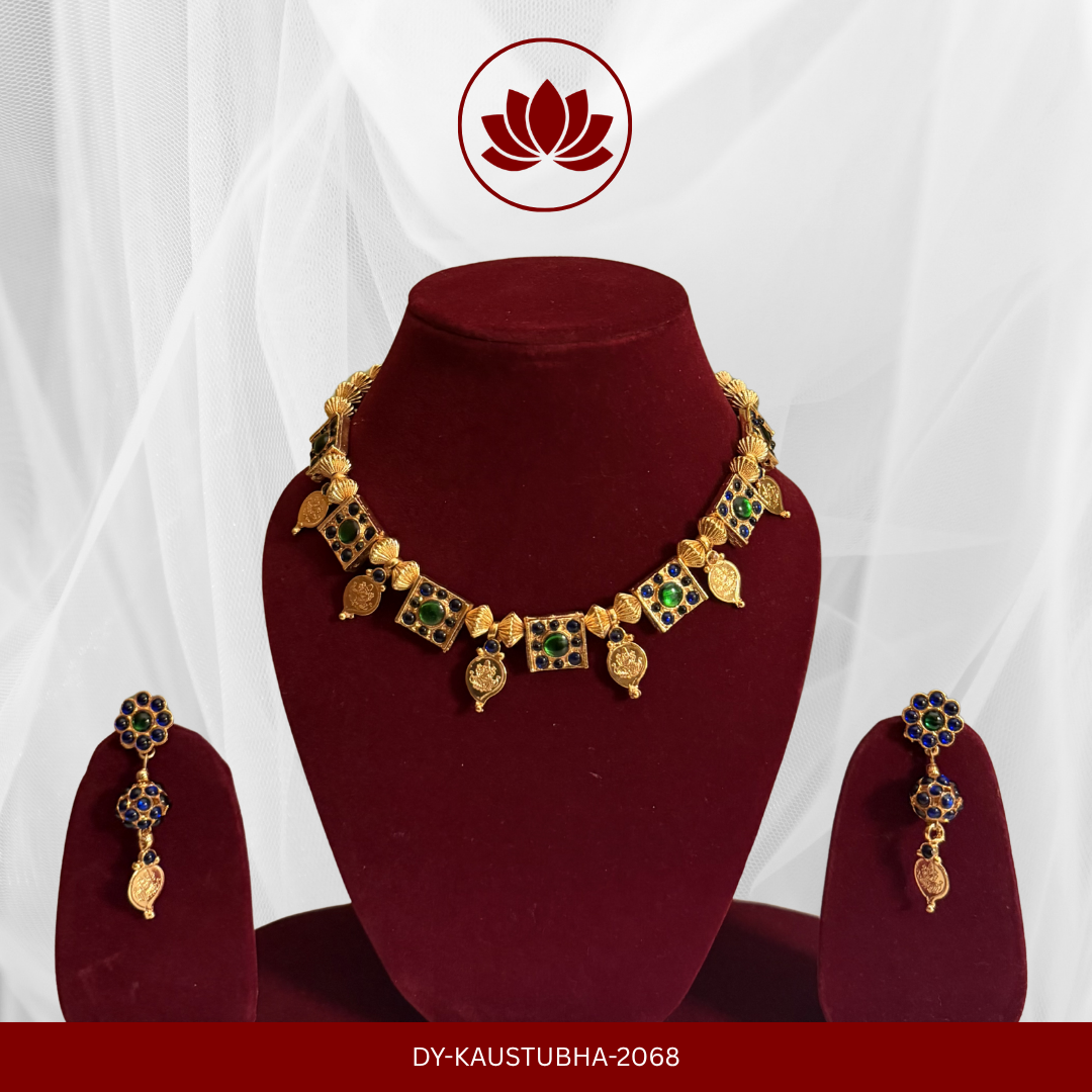 Parmpara Series: Gold Tone Green and Blue Kemp Stone with Lakshmi Mango Necklace with Matching Earrings
