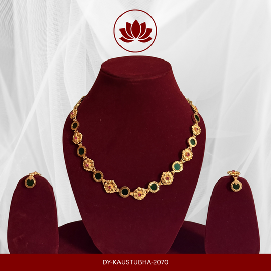 Parmpara Series: Gold Tone Kerala Style Green and Flower Designer Necklace Set with Matching Earrings.