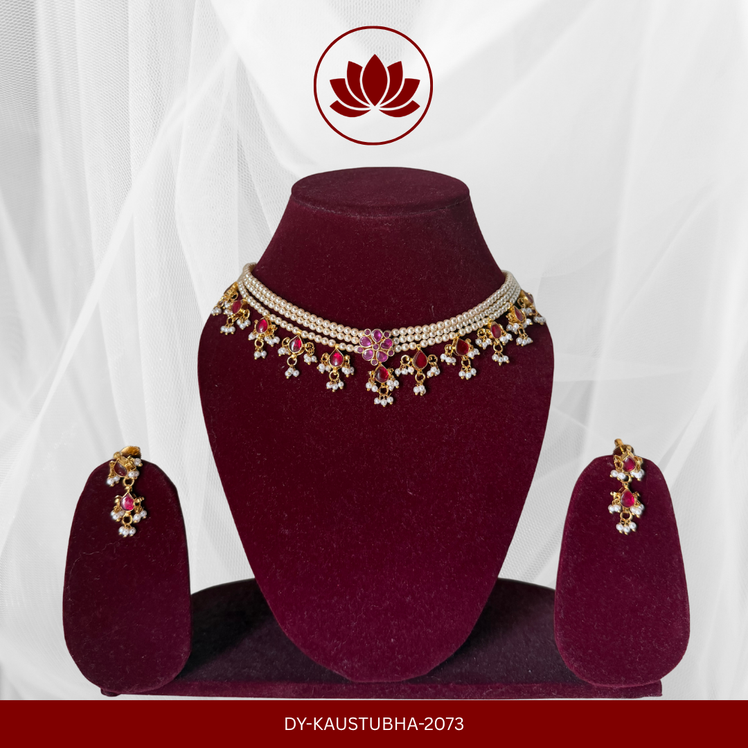 Adhunika Series: Ruby and Pearl Necklace with Matching Earrings.
