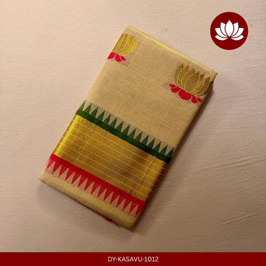 Kasavu Series: Kerala Kasavu Saree with Pink and Golden Lotus Motifs