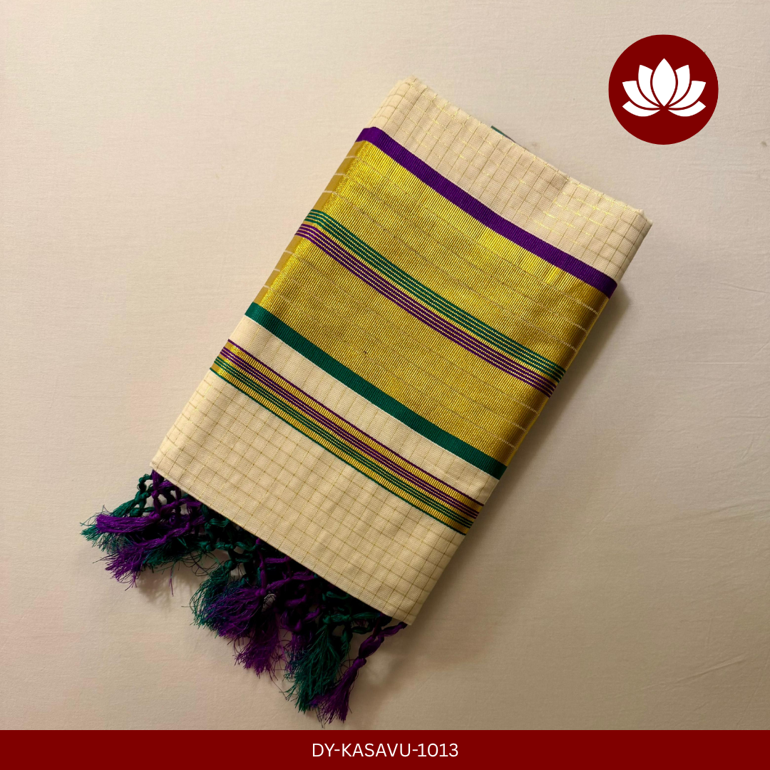 Kasavu Series: Micro Check Green And Violet with Golden Border Saree