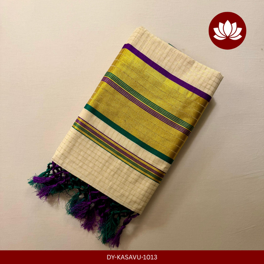 Kasavu Series: Micro Check Green And Violet with Golden Border Saree