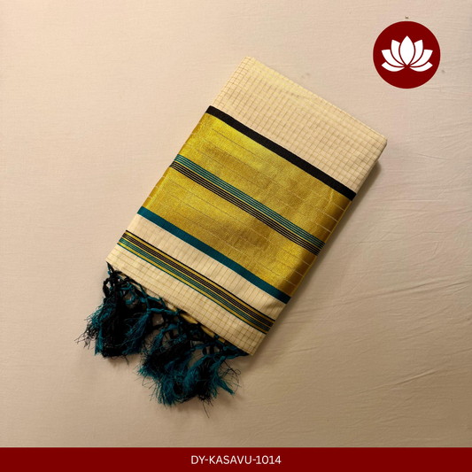 Kasavu Series: Micro Check Peacock Green and Black with Golden Border Saree