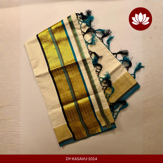 Kasavu Series: Micro Check Peacock Green and Black with Golden Border Saree