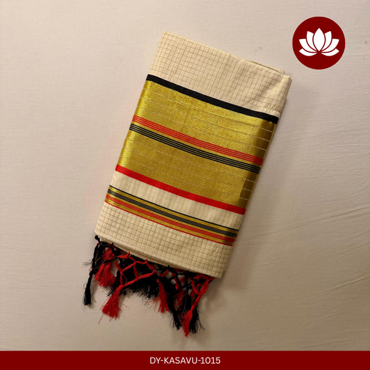 Kasavu Series: Micro Check Red and Black with Golden Border Saree