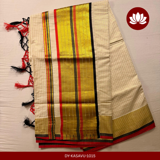 Kasavu Series: Micro Check Red and Black with Golden Border Saree